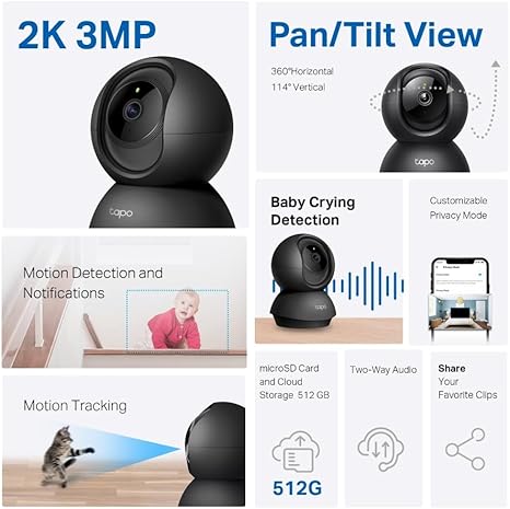 Cámara Tapo C211 Wi-Fi vigilancia 360º TP-link 3MP Tapo 2k, Color Negro