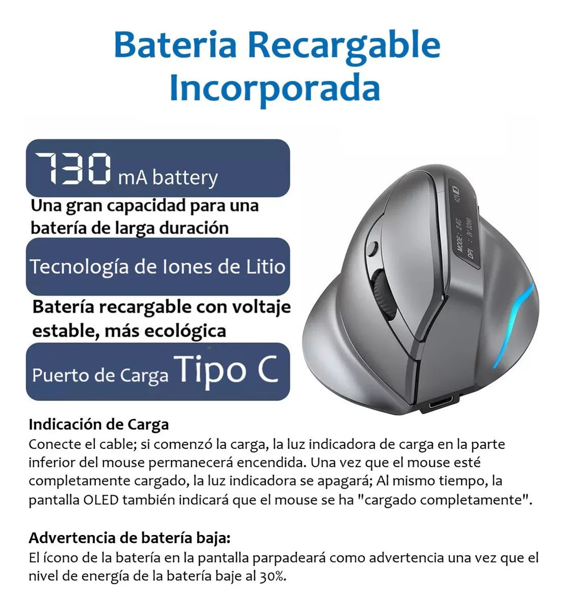 Mouse Vertical Zelotes F-26C Bluetooth Con Pantalla Inalambrico Recargable