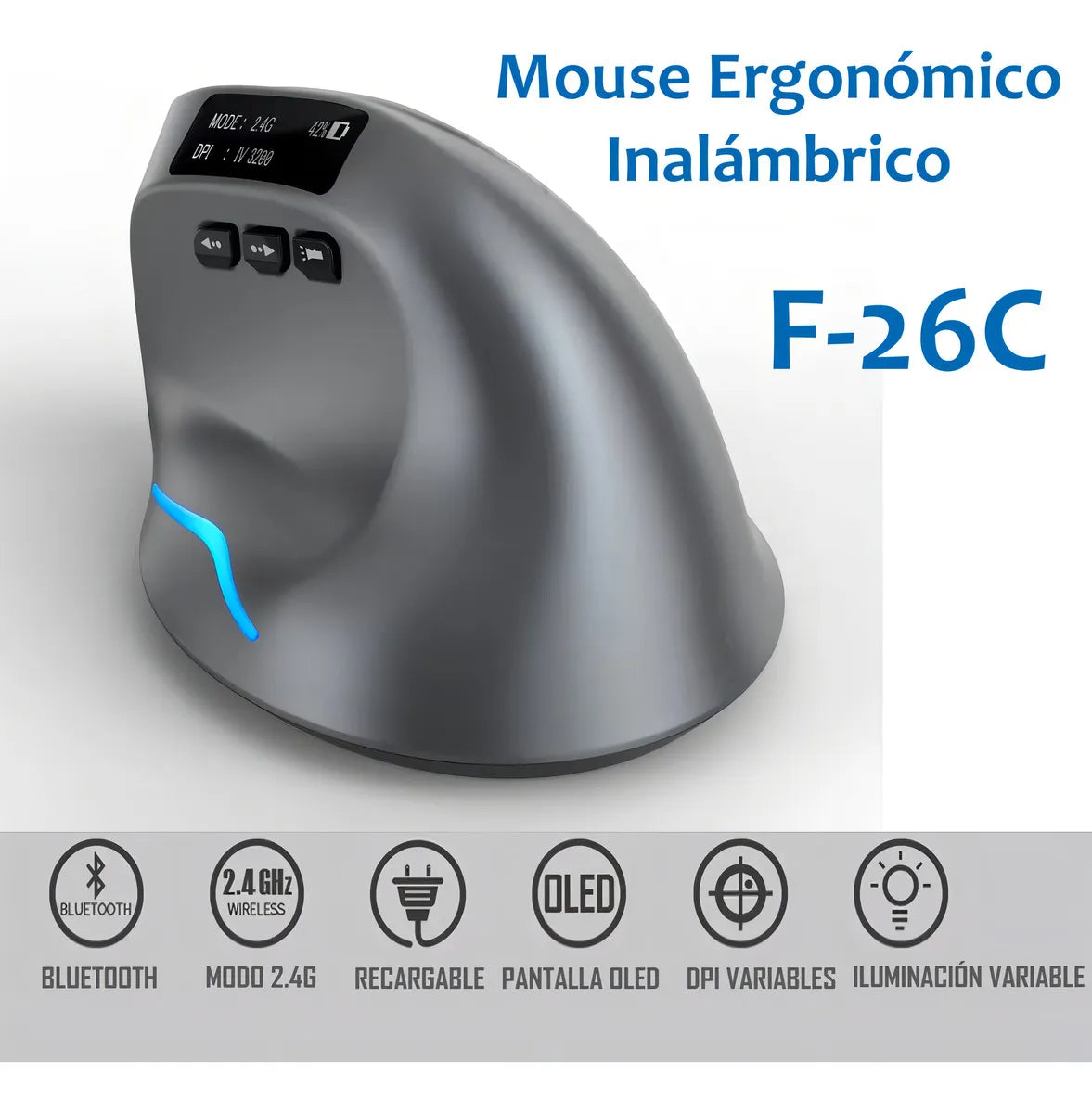 Mouse Vertical Zelotes F-26C Bluetooth Con Pantalla Inalambrico Recargable