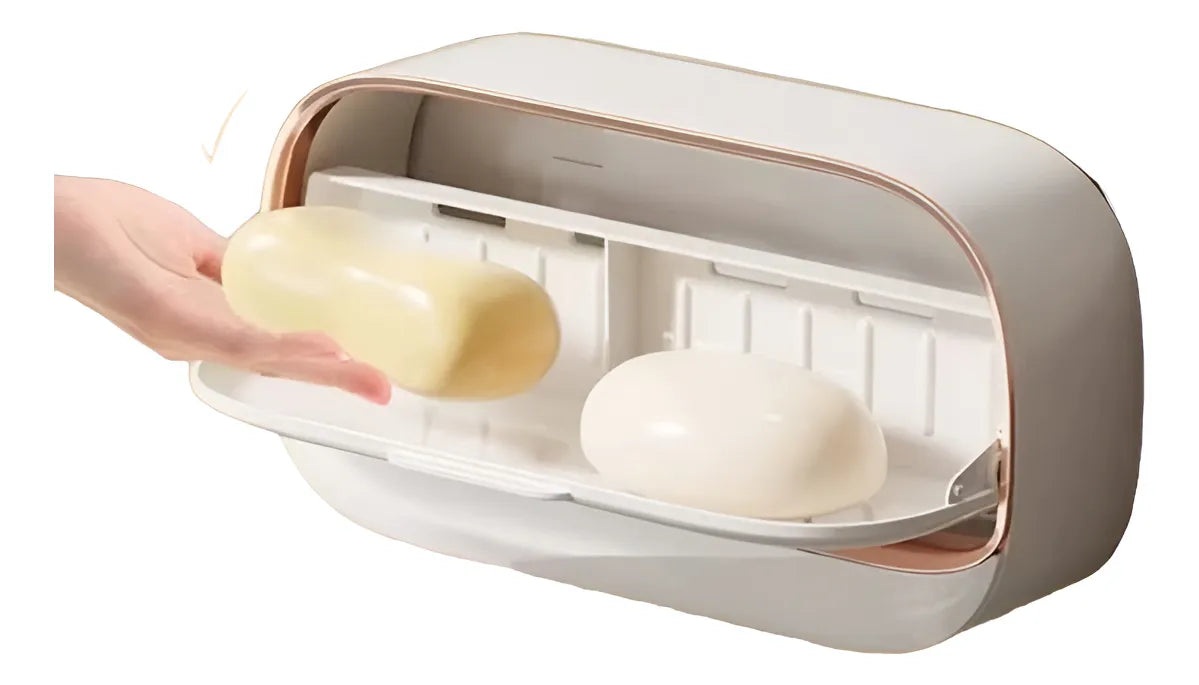 Jabonera Pared Tapa Abatible Doble Adhesiva Bandeja Drenaje Blanco